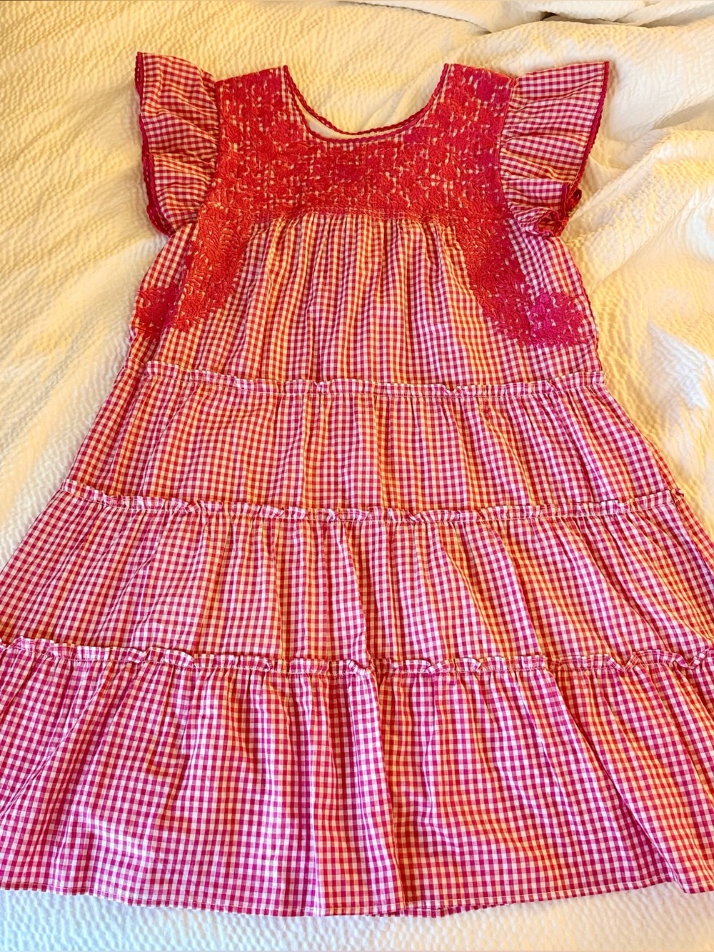 J. Marie “The Camryn” Bright Pink Gingham Tiered Embroidered Dress Size M